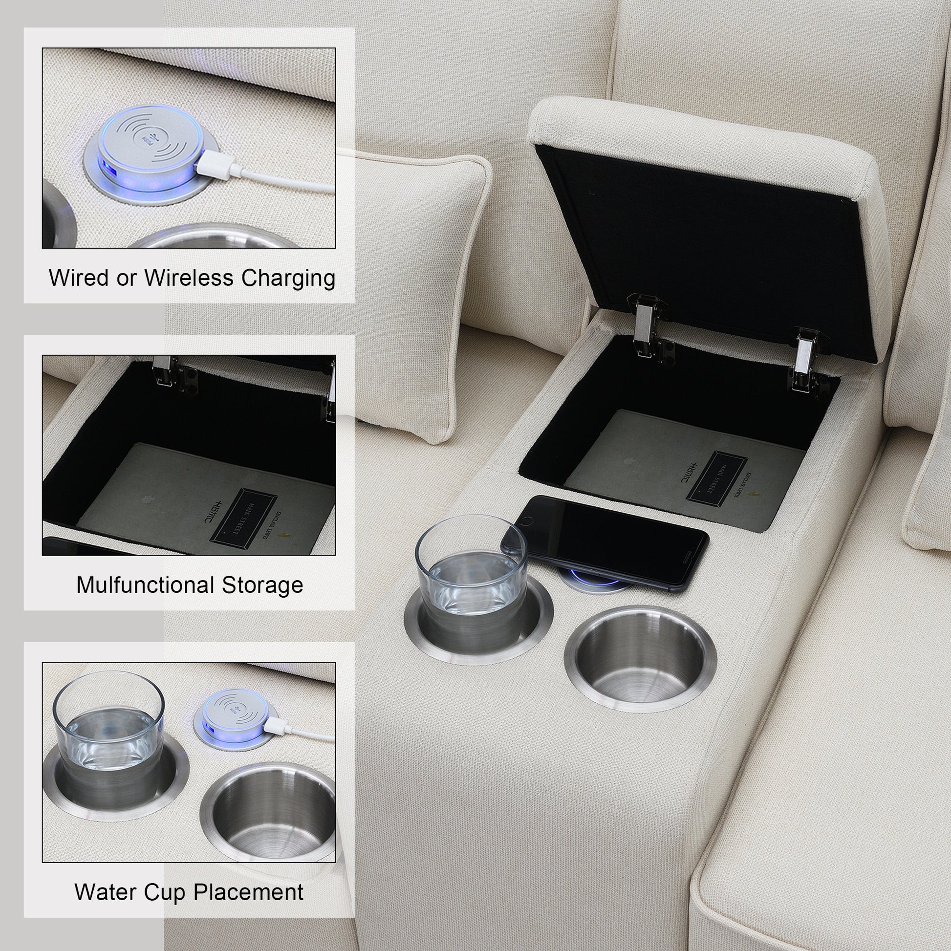 [VIDEO provided] [New] 114.2' Upholstered Sofa with Console, 2 Cupholders and 2 USB Ports Wired or Wirelessly Charged, Modern Linen Fabric Couches with 4 Pillows for Living Room, Apartment (4-Seat) GS63888983337089122