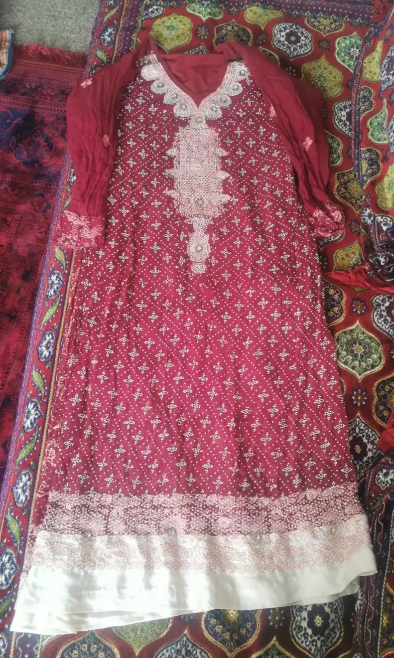 Red kurta with white embroidery and matching dupatta for sale