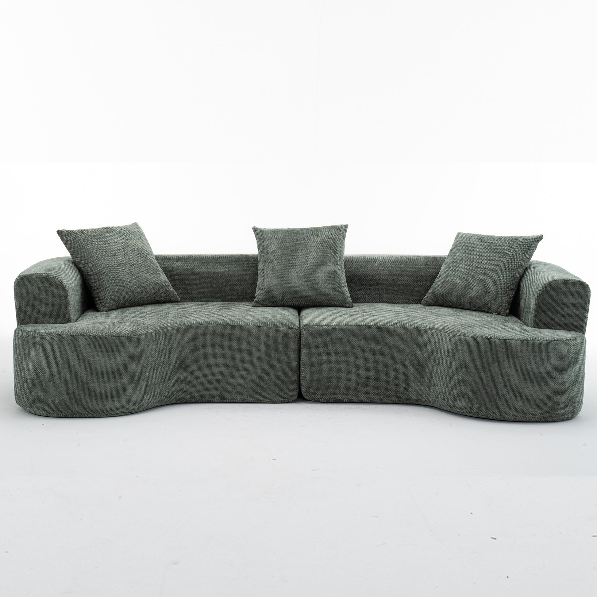 Sofá curvo verde de estilo moderno, sofá de terciopelo suave con 3 almohadas, sofá de tela ultra suave blanco lechoso para sala de estar W2012S0000663876421926403120