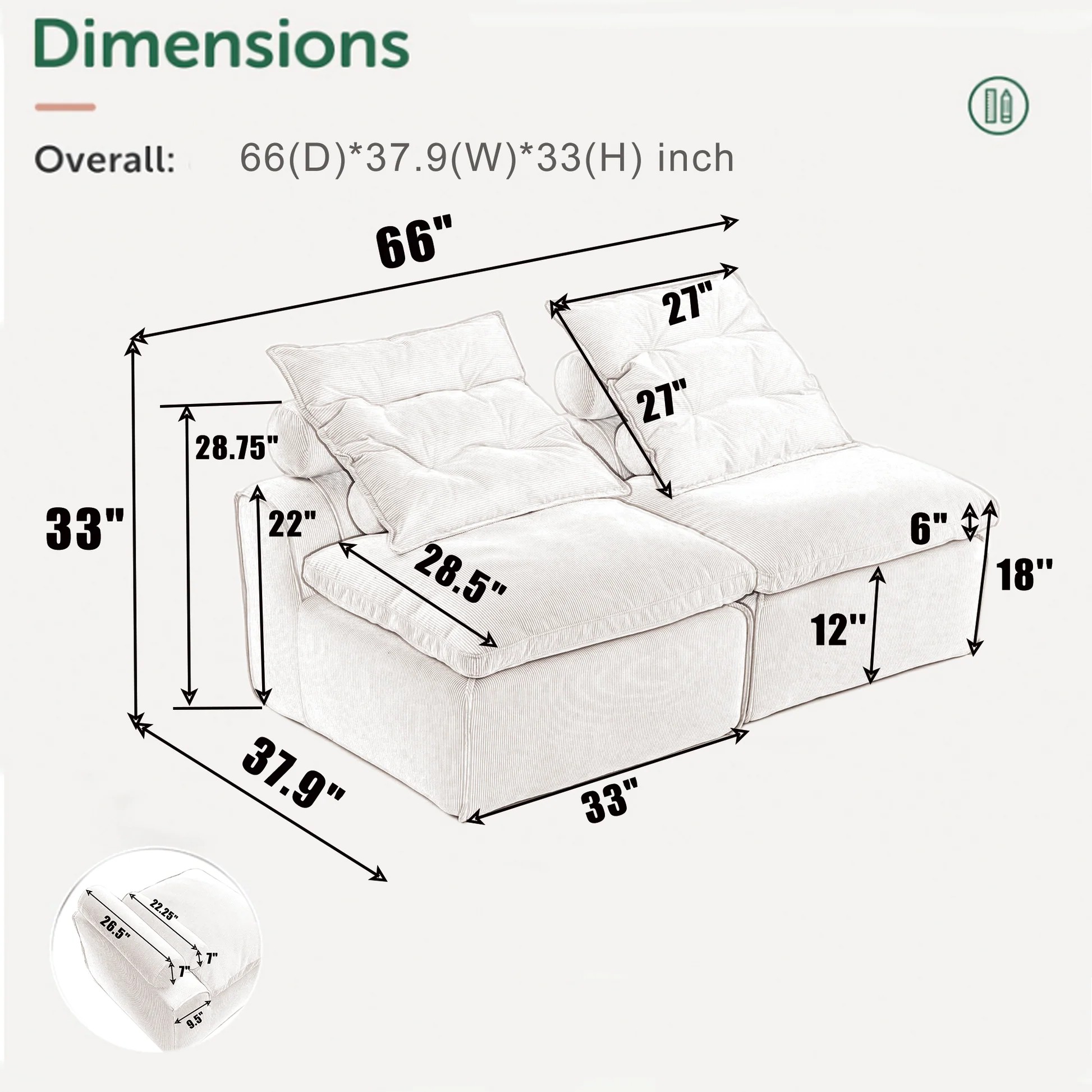 [NEW ARRIVED] [VIDEO PROVIDED]Modular Sofa,No Armrests,At will DIY,Soft Corduroy Fabric,Neck Pillow-Back Lounge Sofa Chair,Reading Nook, or Apartment Living, Lumbar Pillow,2 Seats,Upholstered,Green W263909273881219122
