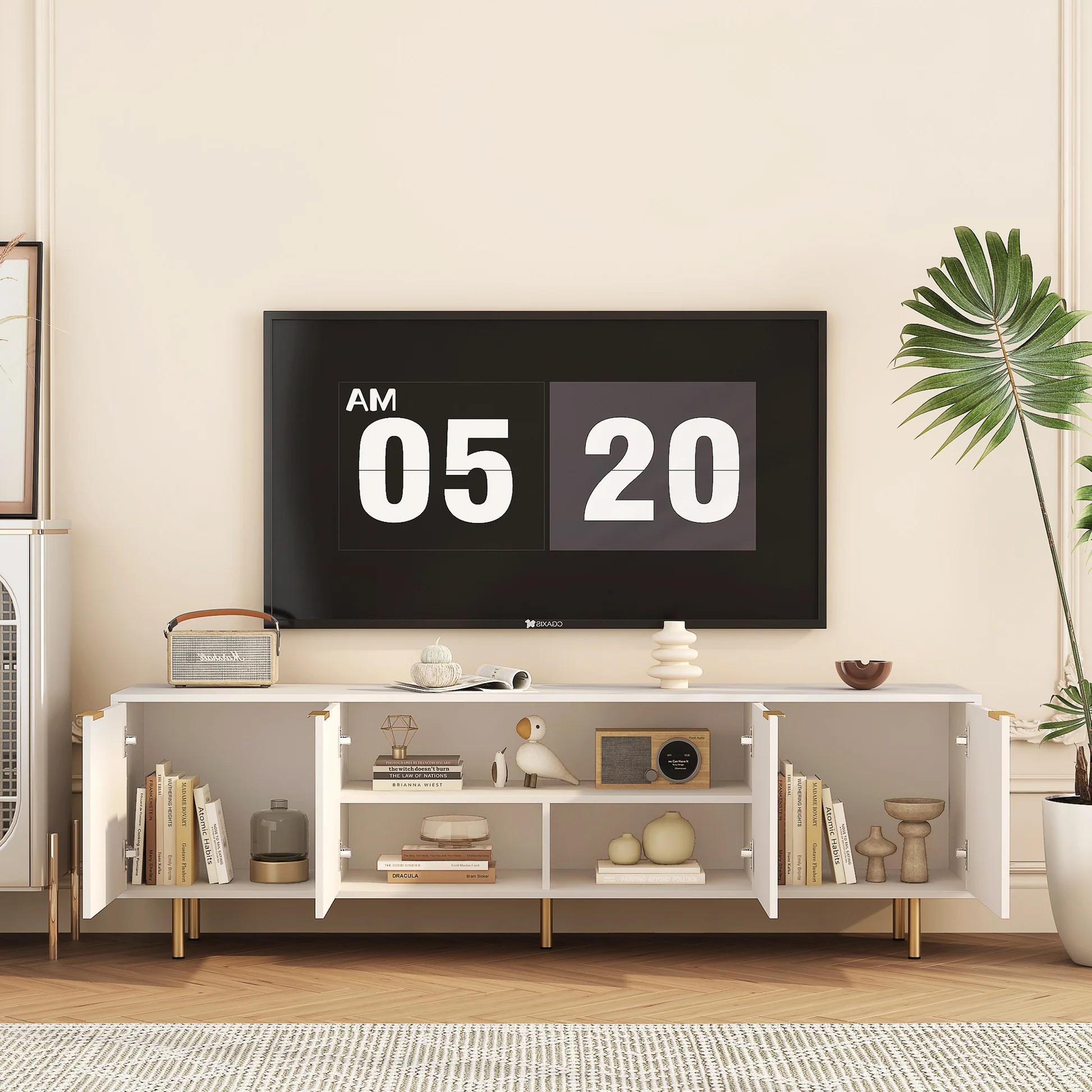 White Modern TV Stand Fluted 68' t, Entertainment Center with Storage Doors, TV Console Media Cabinet, for 55+ Inch TV, Living Room W1321P18596763956825491842121