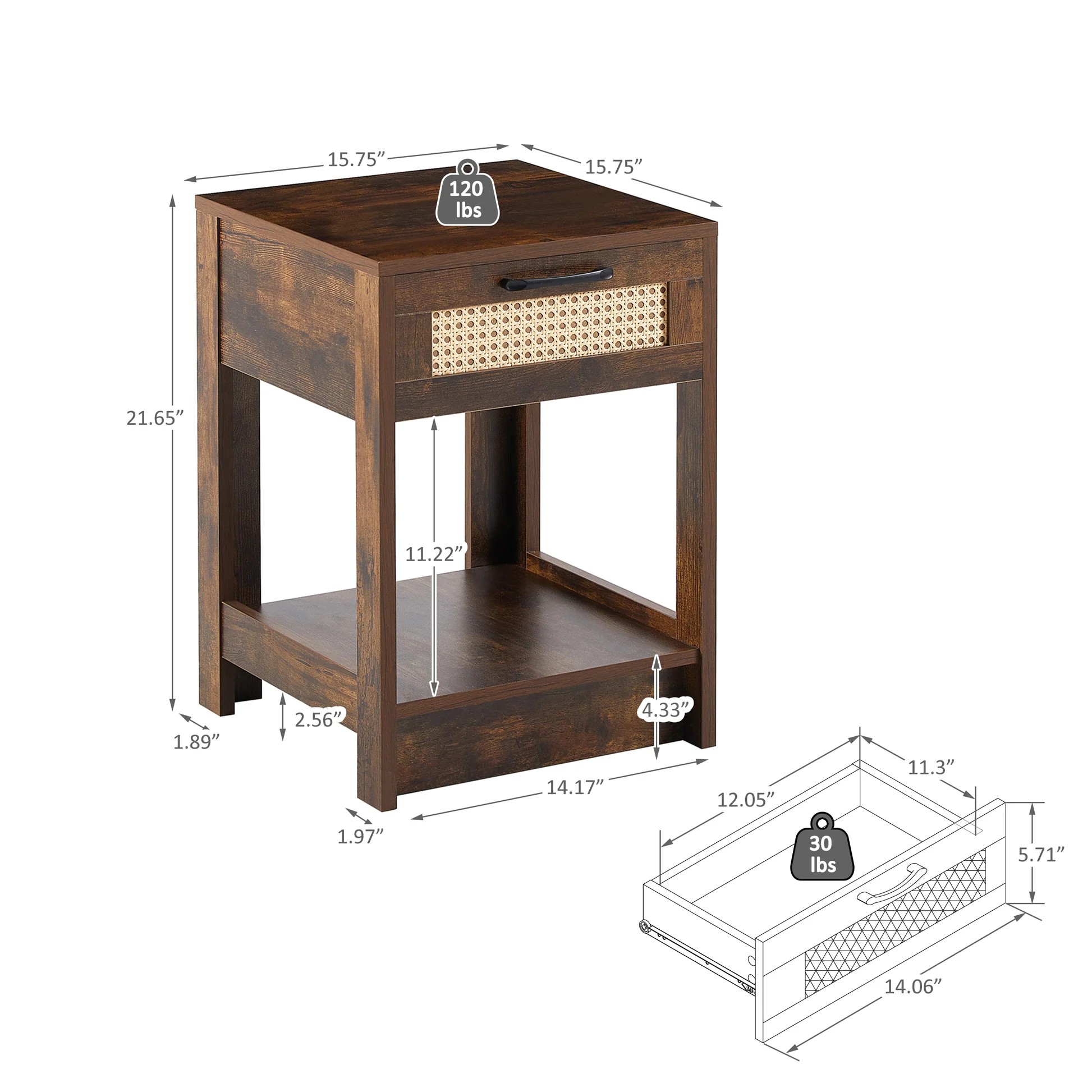 15.75' Rattan End table with drawer, Modern nightstand, side table for living room, bedroom,Rustic Brown W12657310963999277107842121