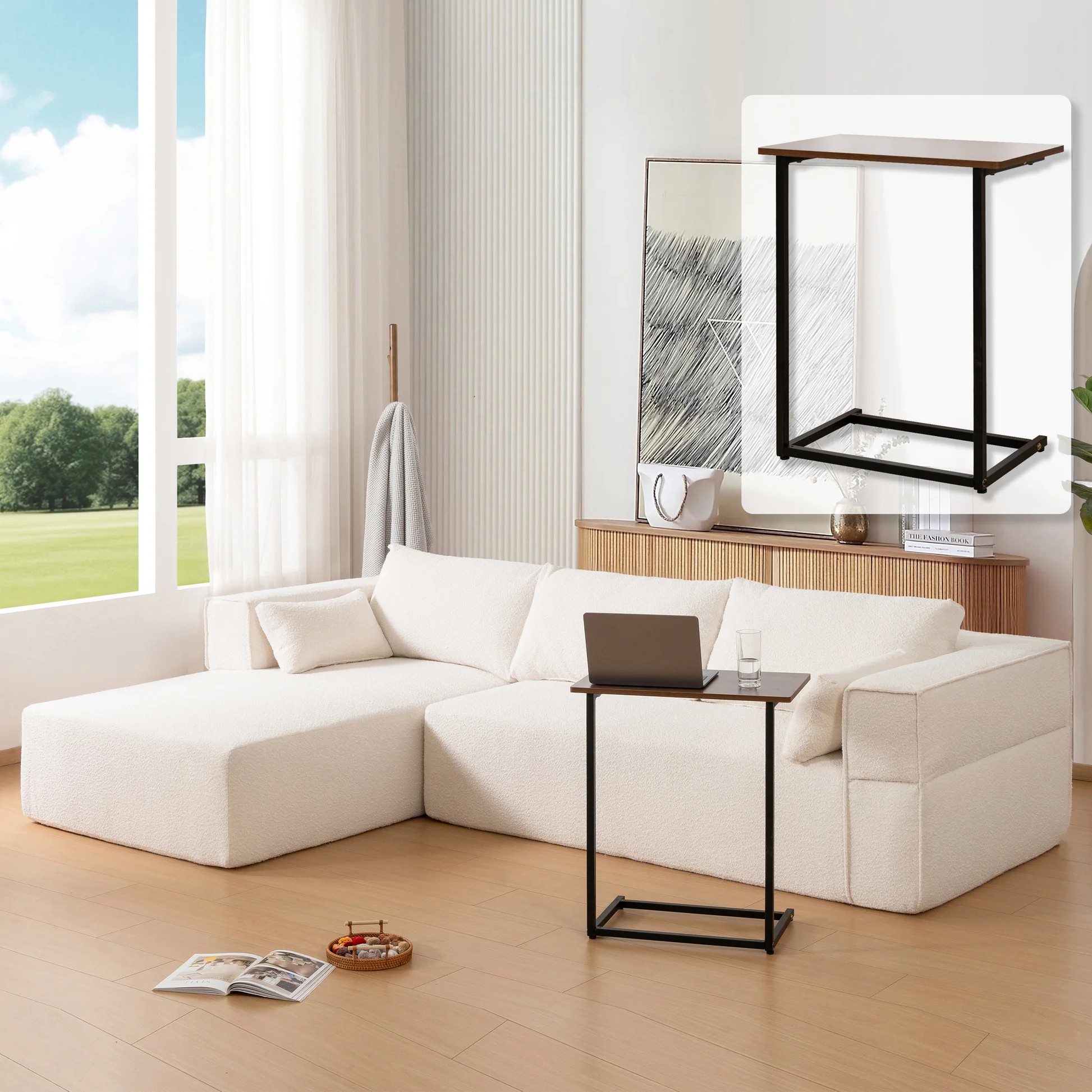 112'Modular Sectional Sofa with Free Side Table,Wide Seat,Fully Compressed,Wrinkle-resistant Boucle Fabric Couch with Chaise,Free Combination,L-Shaped Sofa for Living Room,No Assembly Required,3 Color63889052455297120
